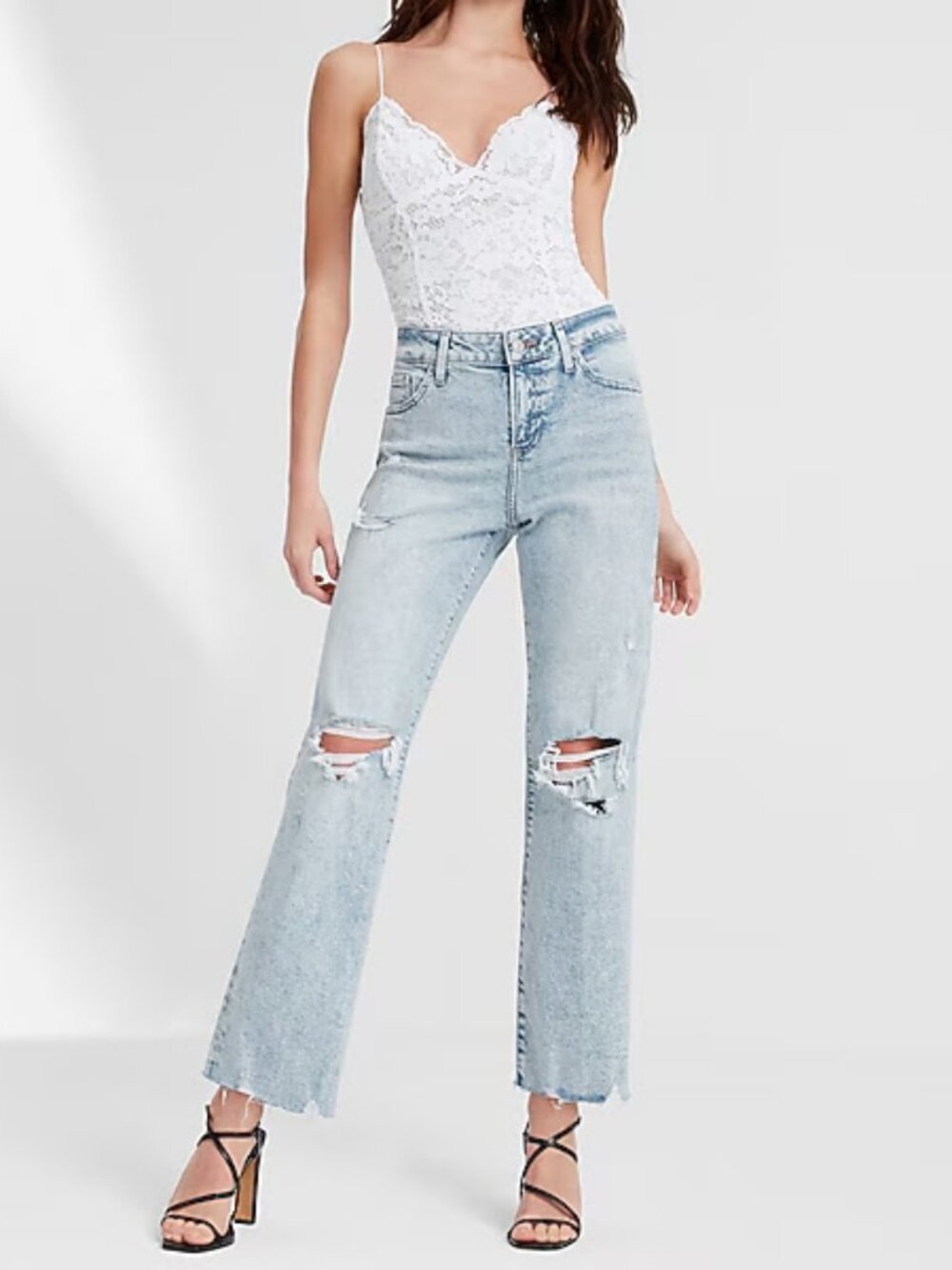 Express High Rise Light Wash Ripped 90s Ankle Boot Jeans - Size 2L